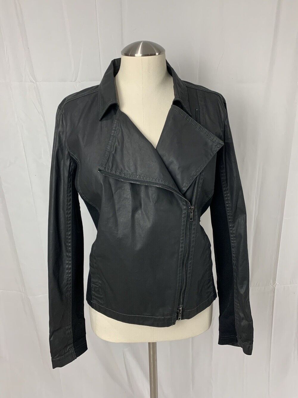 EILEEN FISHER Black Faux Leather Moto Style Jacket Full Zip Up Stretch XS